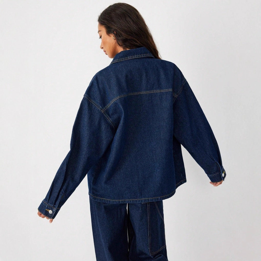 Women's Oversized Denim Jacket with Distinctive Front Pockets and Relaxed Fit Chichicherry