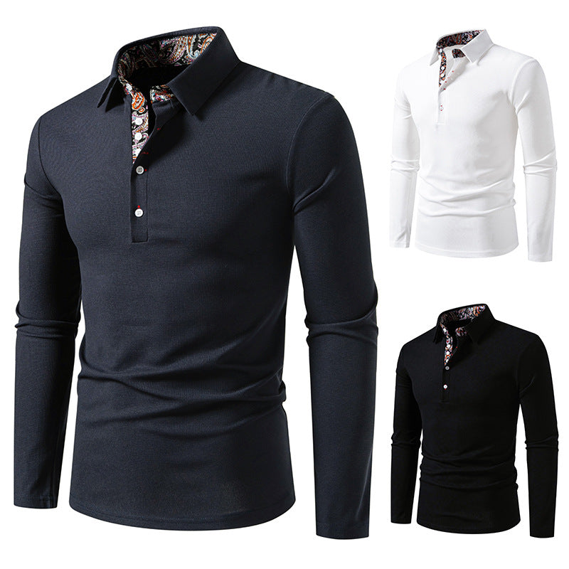 Men's Long Sleeve Polo Shirt with Collar and Contrast Button Placket Chichicherry