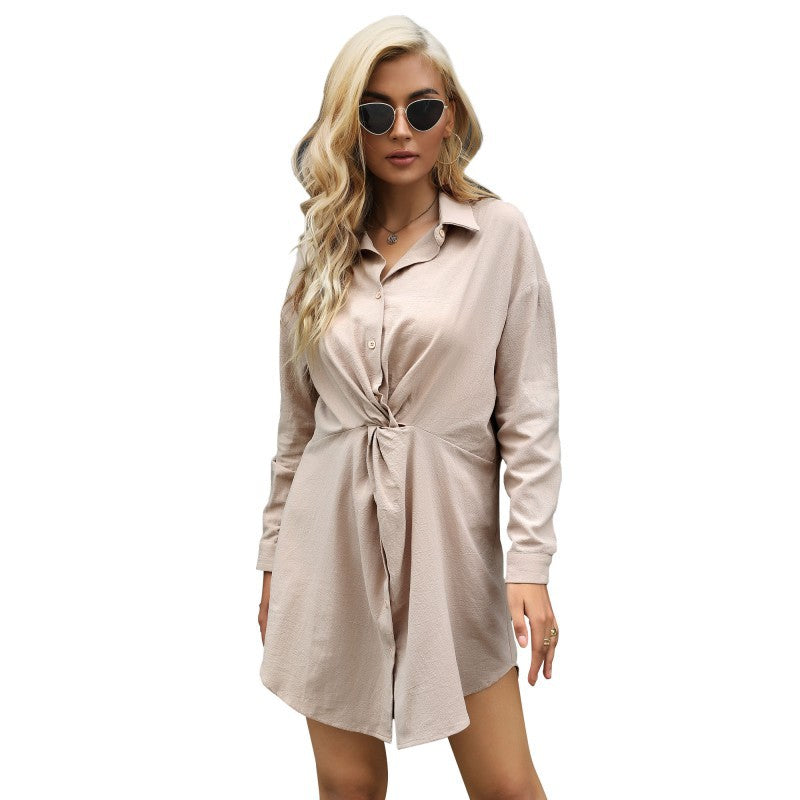 Women's Knot Blouse Mini Dress with Shirt Collar and Tailored Wrap Look Chichicherry