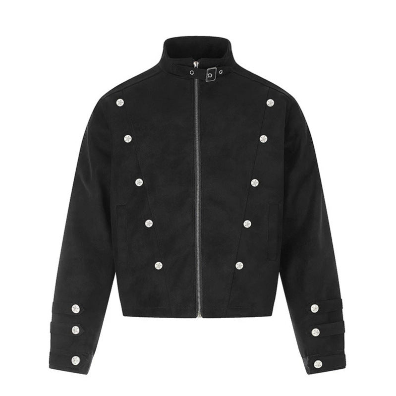 Men's short-cut suede-look jacket with stand-up collar, belt buckle, and decorative buttons Chichicherry