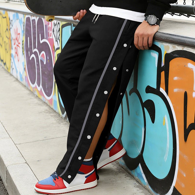 Men's Sporty Snap Track Pants with Side Snap Stripes and Drawstring Chichicherry