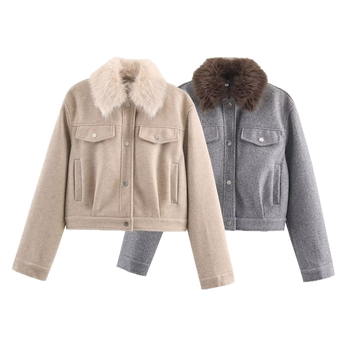 Ladies short wool jacket with voluminous fur collar, snap-button front and patch chest pockets Chichicherry