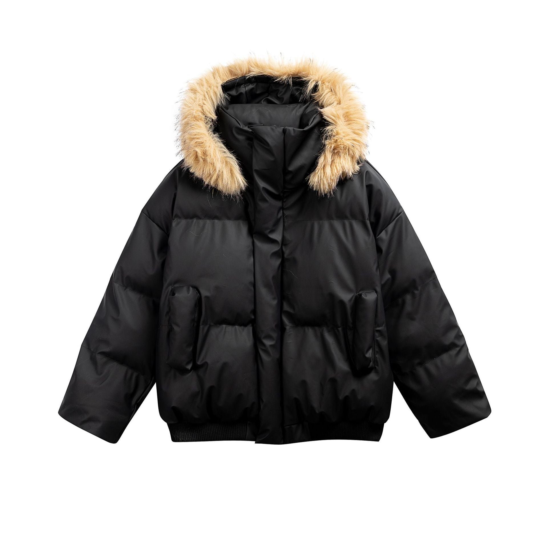 Women's Padded Short Quilted Jacket with Faux Fur Hood and Ribbed Hem Chichicherry