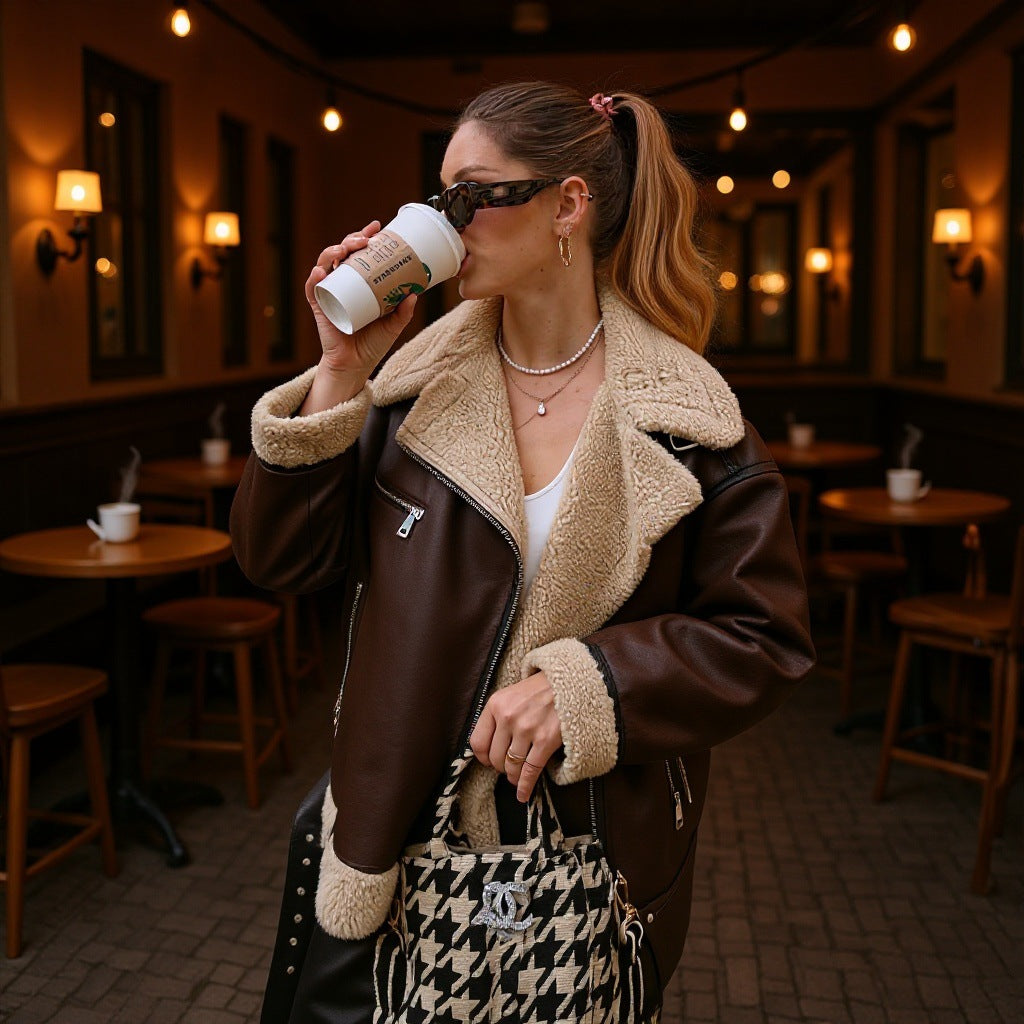 Women's Padded Aviator Jacket in Aviator Style with Teddy Lining and Zipper Chichicherry