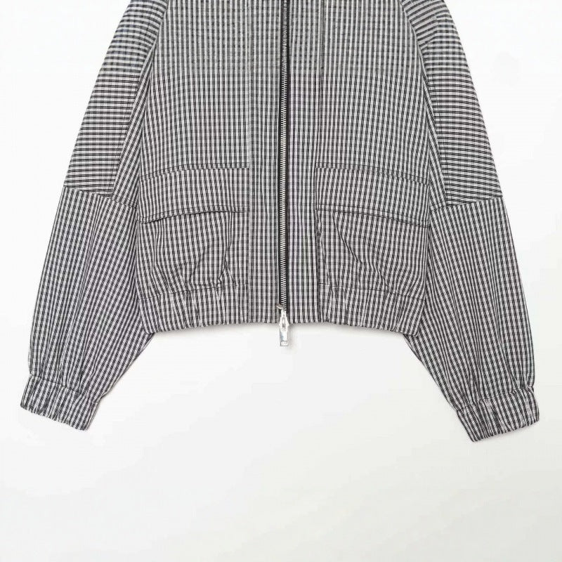 Women Cropped Boxy Jacket in Vichy Check with Stand Collar and Two-Way Zipper Chichicherry