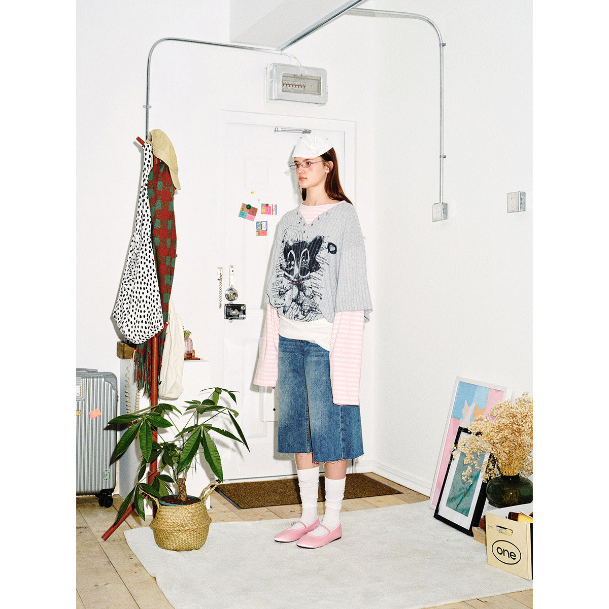 Women's Layered Look Long Sleeve with Striped Sleeves and Graphic Statement Print Chichicherry