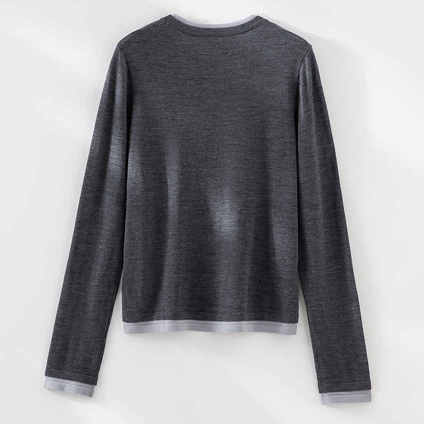 Women Fine Round Neck Sweater made of Merino Mix with Contrast Cuffs Chichicherry