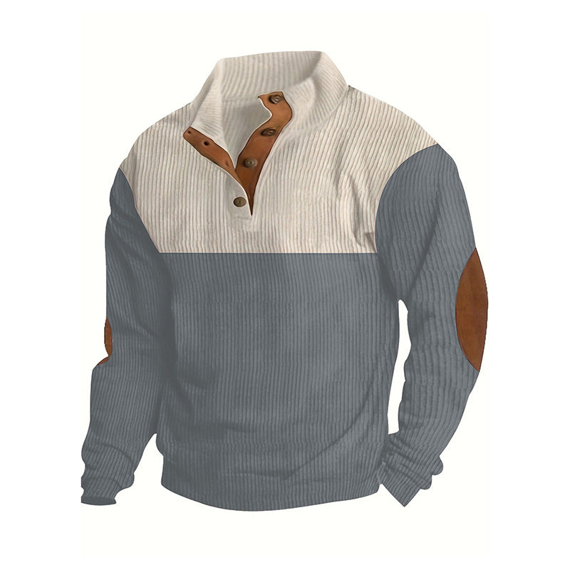 Men's Structured Half-Button Sweater with Stand Collar, Ribbed Texture and Elbow Patches Chichicherry