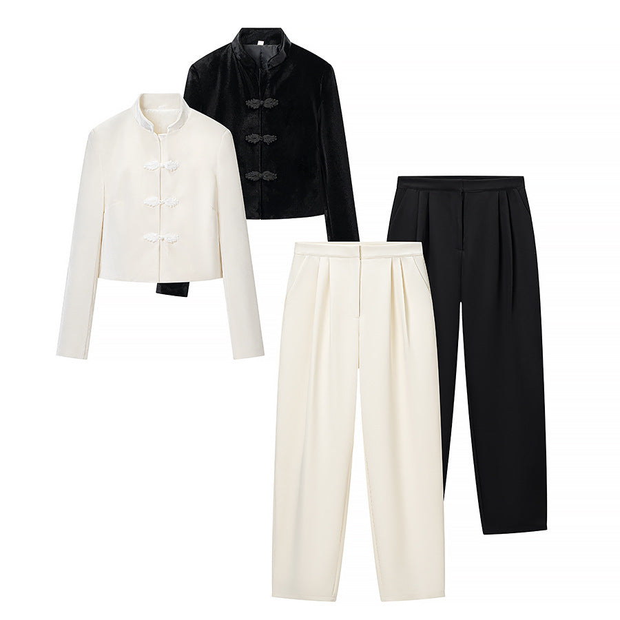 Women's Two-Piece Set with Tailored Short Mandarin Jacket and High-Waisted Pleated Trousers Chichicherry
