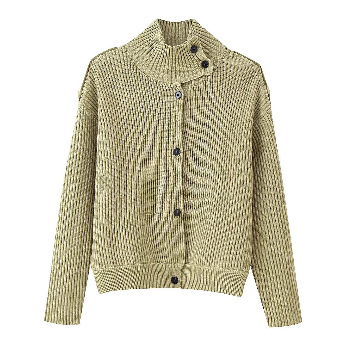 Women Ribbed Knit Cardigan with High Stand-up Collar and Button Placket Chichicherry