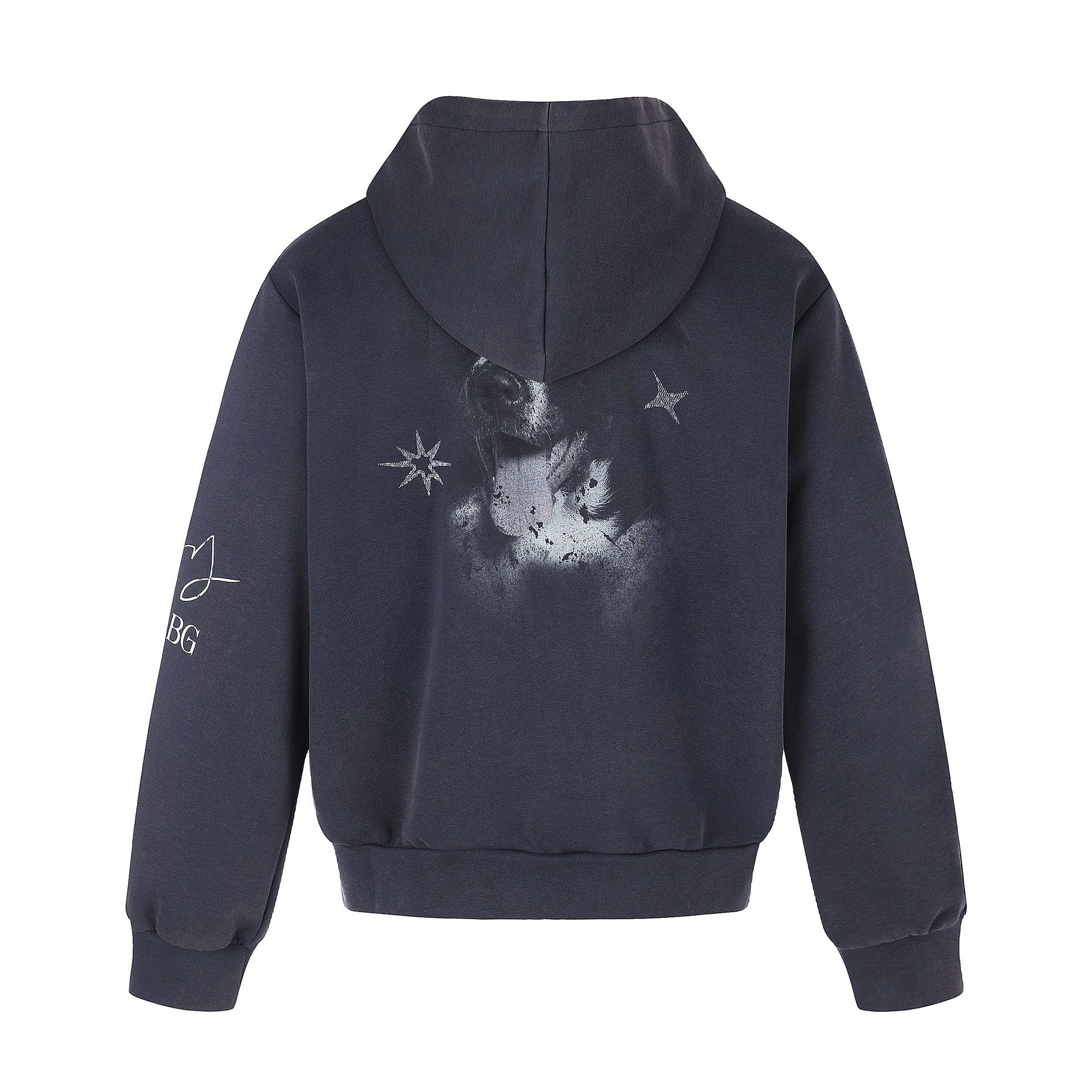 Unisex Short Cut Hooded Zip Jacket with Graphic Dog Print and Ribbed Hem Chichicherry