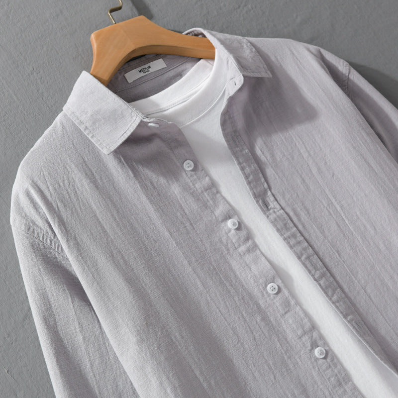 Men's Lightweight Crinkle Linen Cotton Shirt in Layering Style with Kent Collar Chichicherry