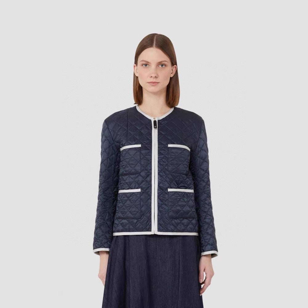 Women Lightly Quilted Short Jacket without Collar with Contrast Piping and Full-Length Zipper Chichicherry