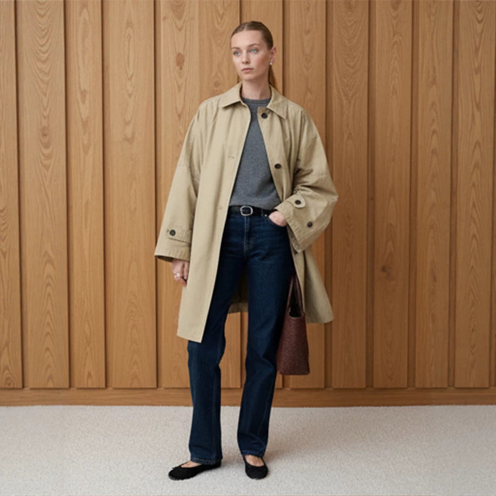 Women's Oversize Cotton Blend Trench Coat with Mid-Length, Straight Cut Chichicherry