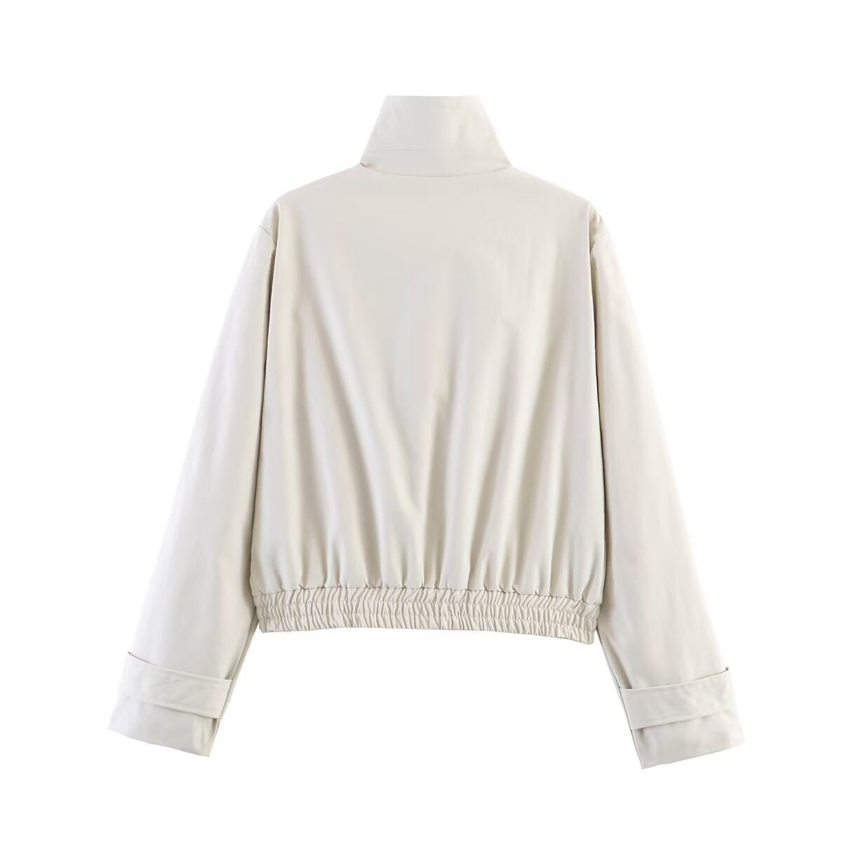 Women's short cut boxy blouse jacket with high stand-up collar, snap button placket, and elastic hem Chichicherry