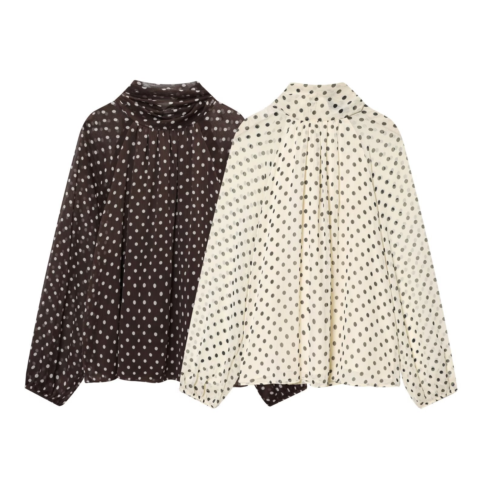 Ladies Airy Chiffon Blouse with Polka Dots, Draped Funnel Neck and Balloon Sleeves Chichicherry