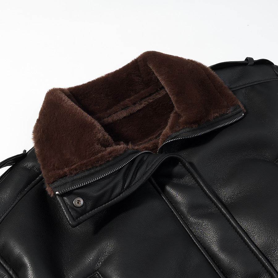 Women's Short Cut Bomber Jacket made of Faux Leather with Teddy Lining, Notched Collar and Rollable Cuffs Chichicherry