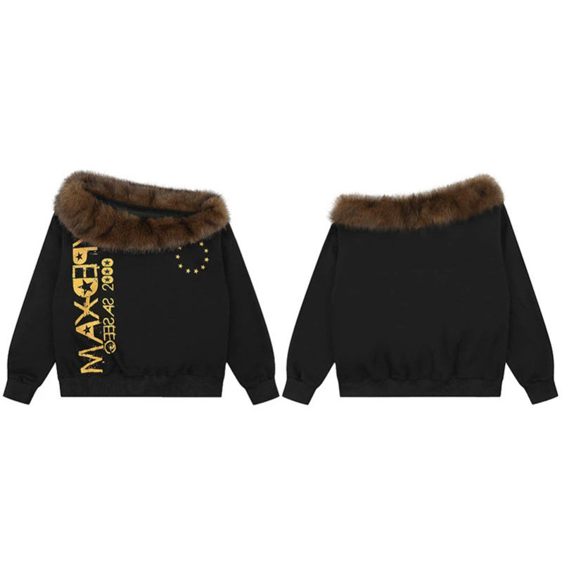 Women's oversized sweatshirt with faux fur collar, ribbed cuffs and statement print Chichicherry