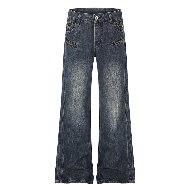 Women's Wide Denim Palazzo Jeans with High Waist and Decorative Zipper Pockets Chichicherry