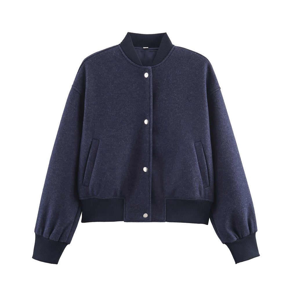 Ladies short boxy bomber jacket with ribbed collar, snap button closure, and pockets Chichicherry