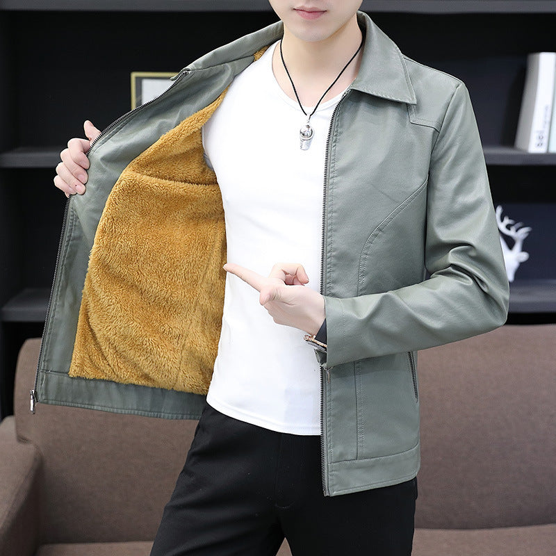 Men's leather-look zip jacket with warming teddy lining and minimal seam design Chichicherry