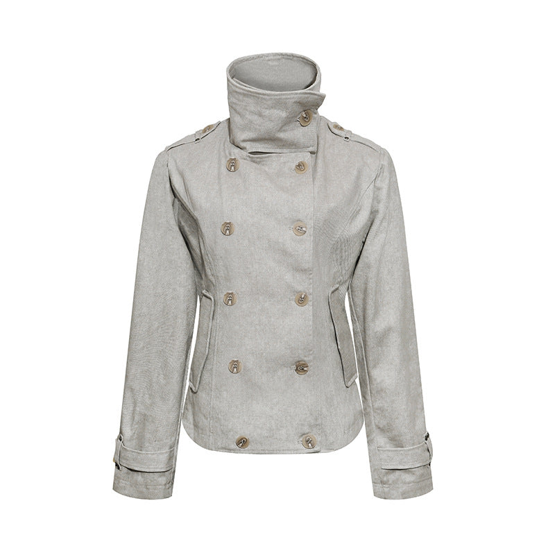 Women Short Double-Breasted Peacoat with Stand Collar and Waist Chichicherry