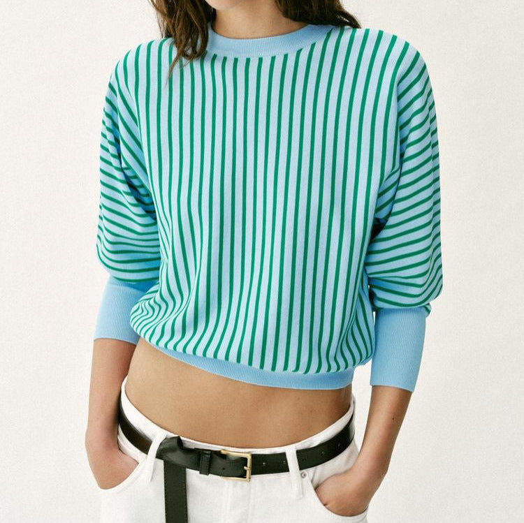 Women's Short-Cut Striped Fine Knit Sweater with Extended Ribbed Sleeves Chichicherry
