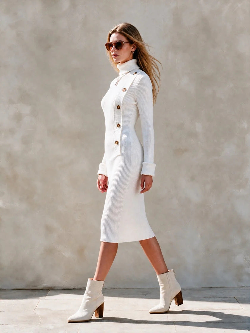 Women's Ribbed Midi Dress with Turtleneck and Decorative Button Placket Chichicherry