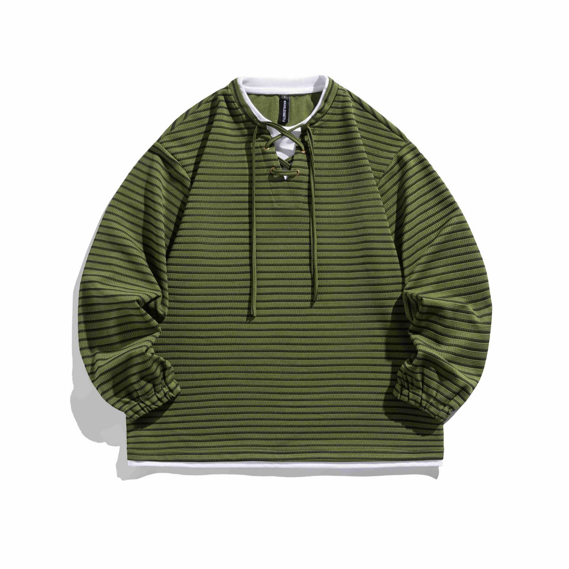 Unisex Striped Waffle Knit Pullover with Lace-up Closure and Raglan Sleeves Chichicherry