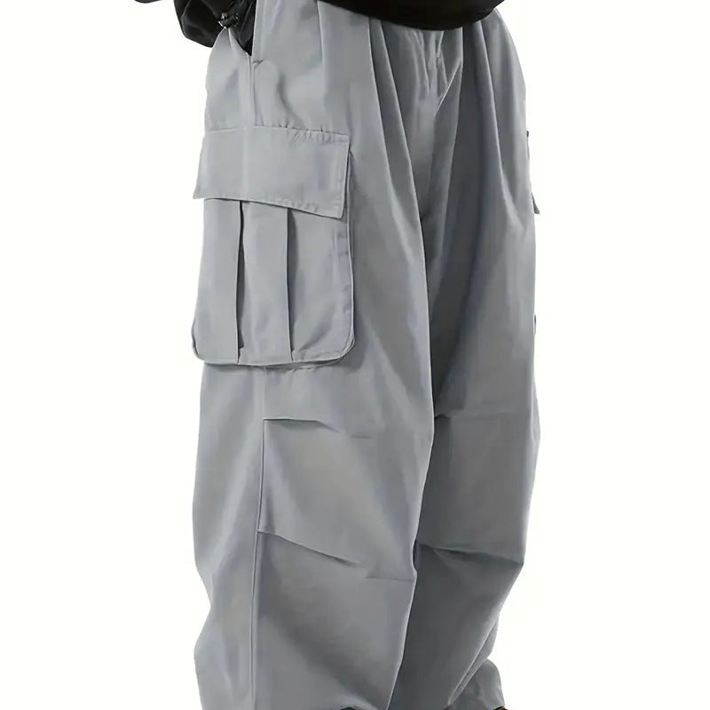 Men's Wide Utility Cargo Pants with Oversized Flap Pockets & Elastic Drawstring Waist Chichicherry