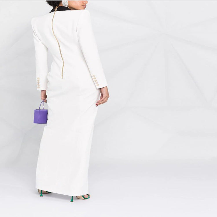 Women's Evening Blazer Dress Maxi with Contrast Lapels and Slit Chichicherry