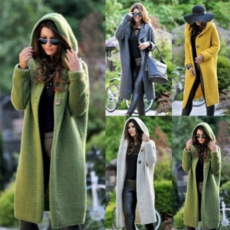 Women's Hooded Knit Coat with Oversized Cut and Button Placket Chichicherry