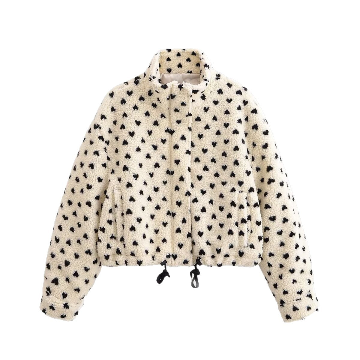 Women's teddy jacket with heart all-over, short boxy cut, stand-up collar and drawstring Chichicherry