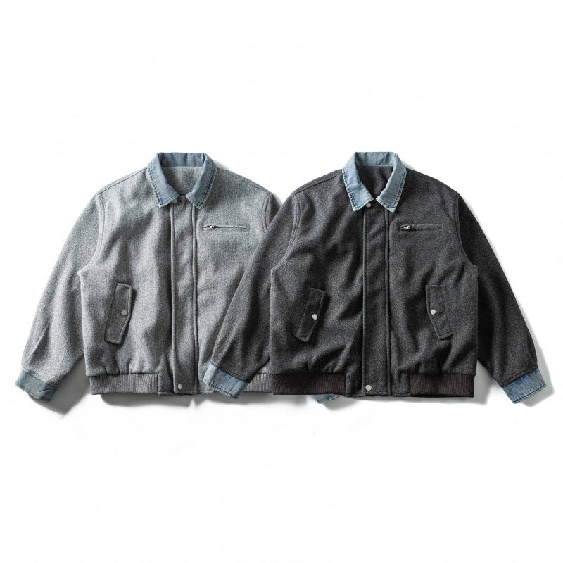 Men's short-cut wool blend bomber jacket with denim collar, concealed zipper, and flap pockets Chichicherry