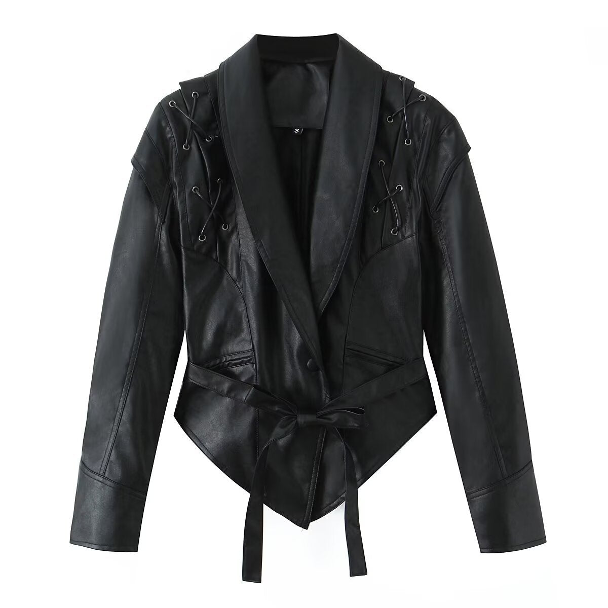 Women's tailored faux leather blazer with lacing details at the shoulders and tie belt Chichicherry