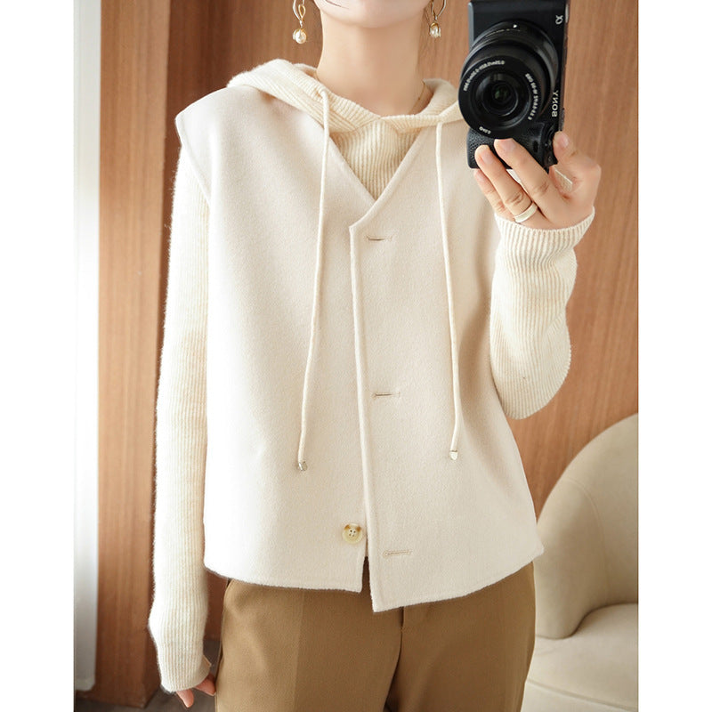 Women's layering knit cardigan with hood and sleeveless wool blend vest Chichicherry