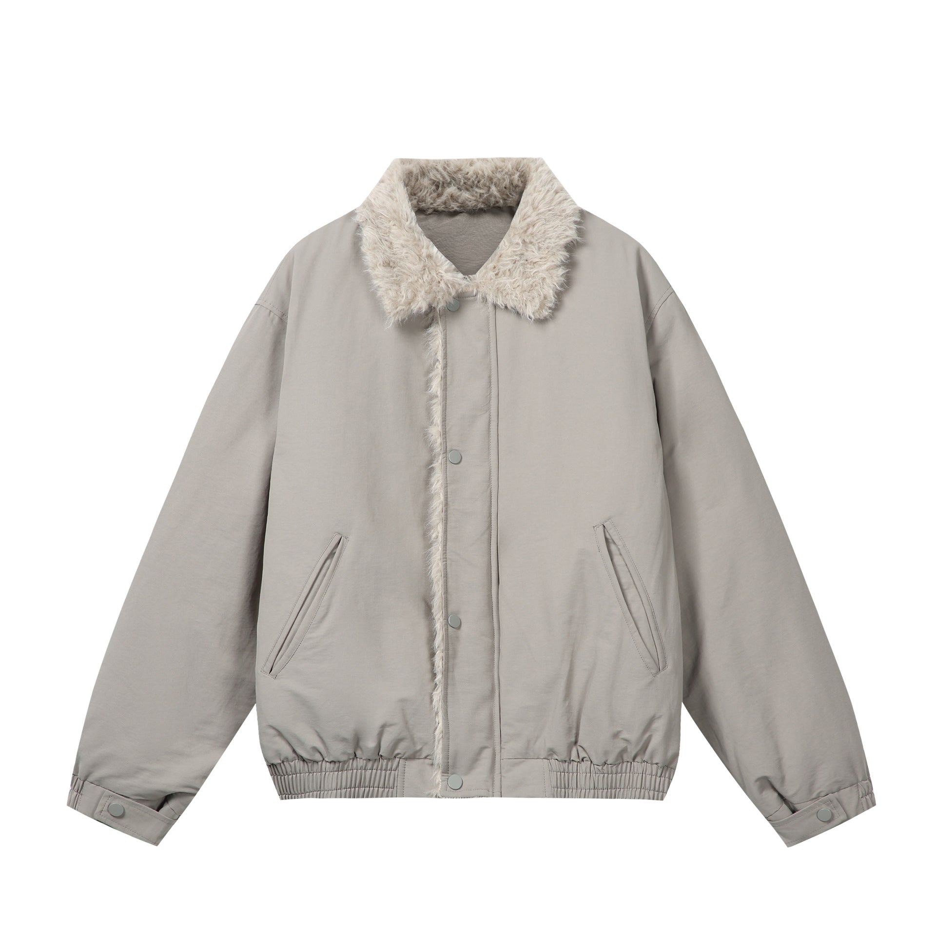 Women's Minimalist Thermo Blouson Jacket with Faux Fur Shawl Collar and Elastic Tunnel Drawstring Hem Chichicherry