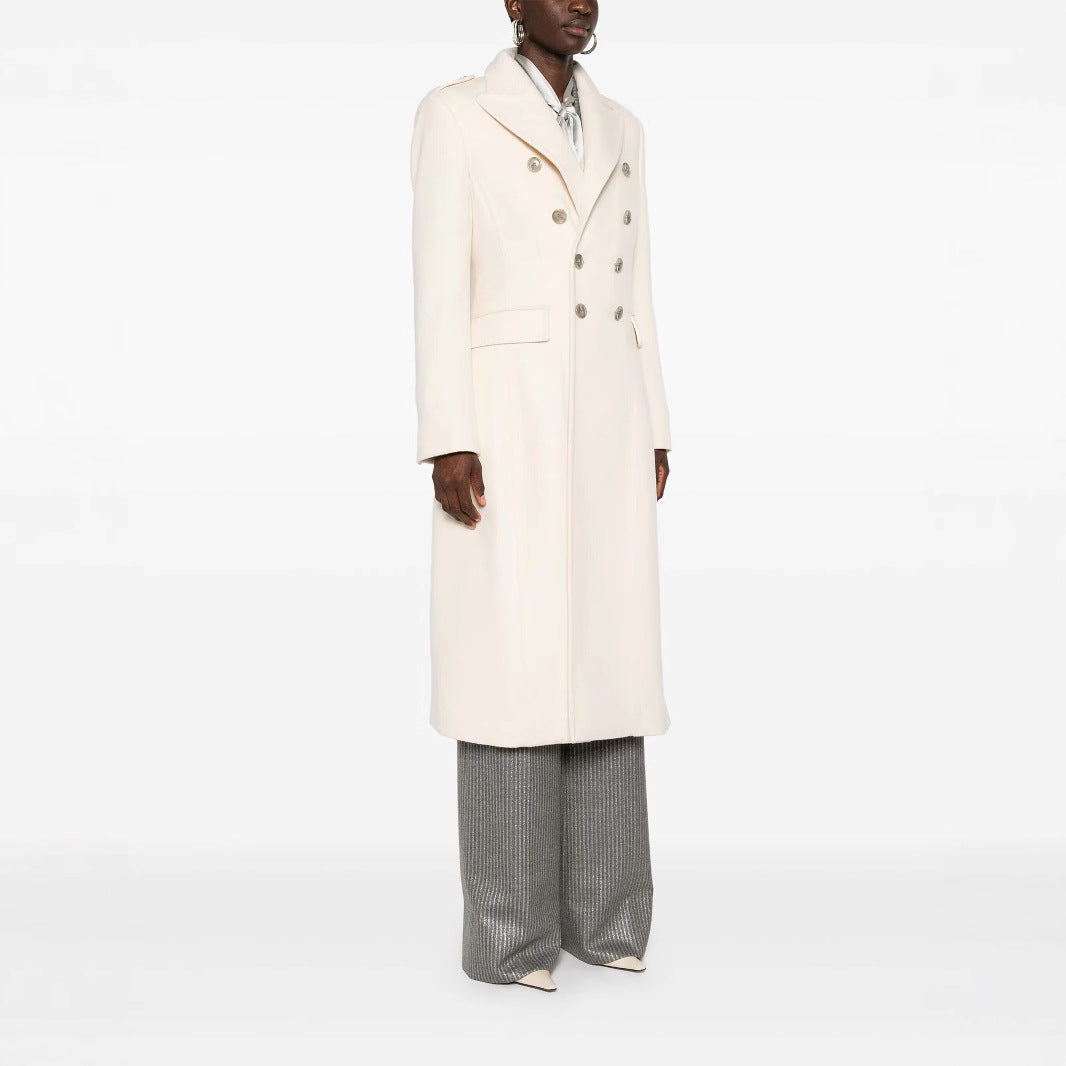 Women Long Double-Breasted Coat made of Wool Blend with High Stand-up Collar and Flap Pockets Chichicherry