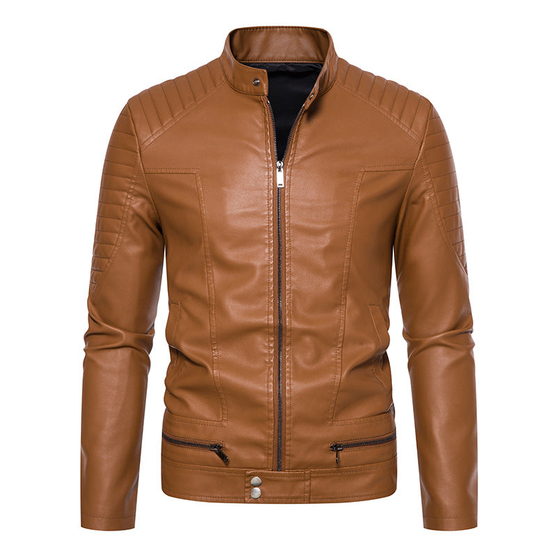 Men's Slim Biker Blouson Faux Leather Jacket with Stand Collar, Decorative Stitching and Zipper Pockets Chichicherry
