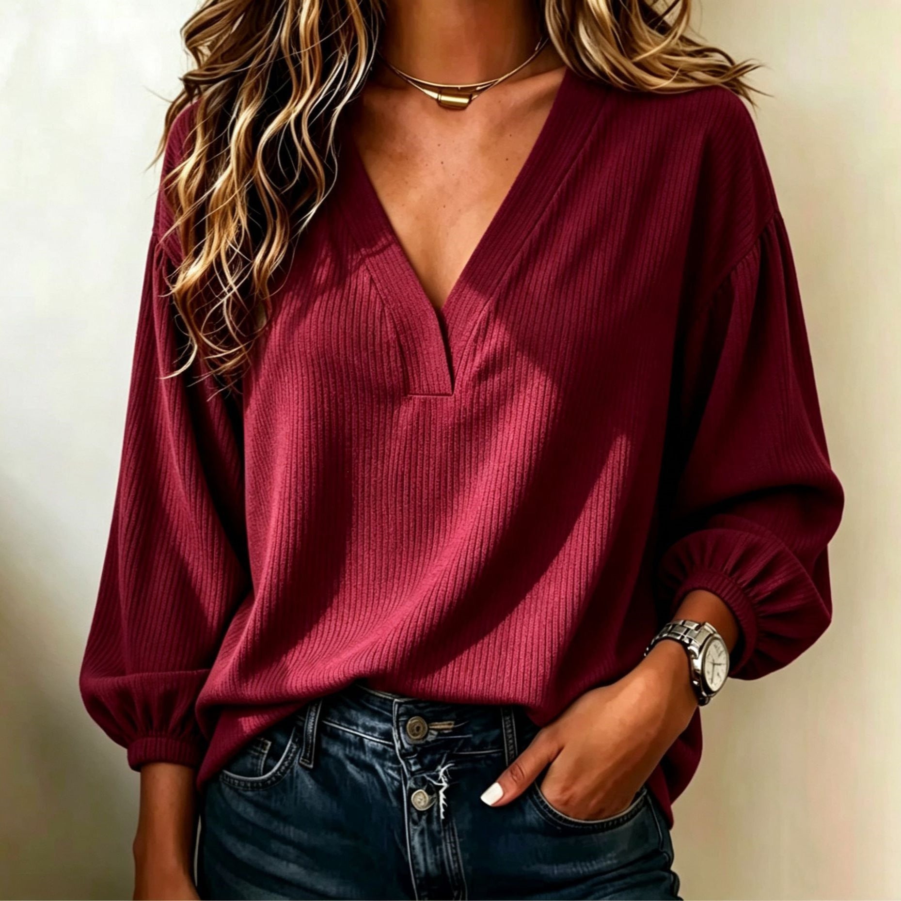 Women's Ribbed V-Neck Sweater with Balloon Sleeves Chichicherry