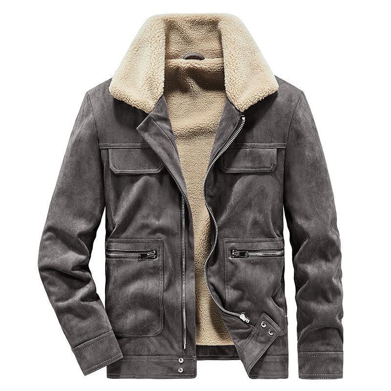 Men's suede look jacket with teddy lining, contrast stitching, and multiple pockets Chichicherry