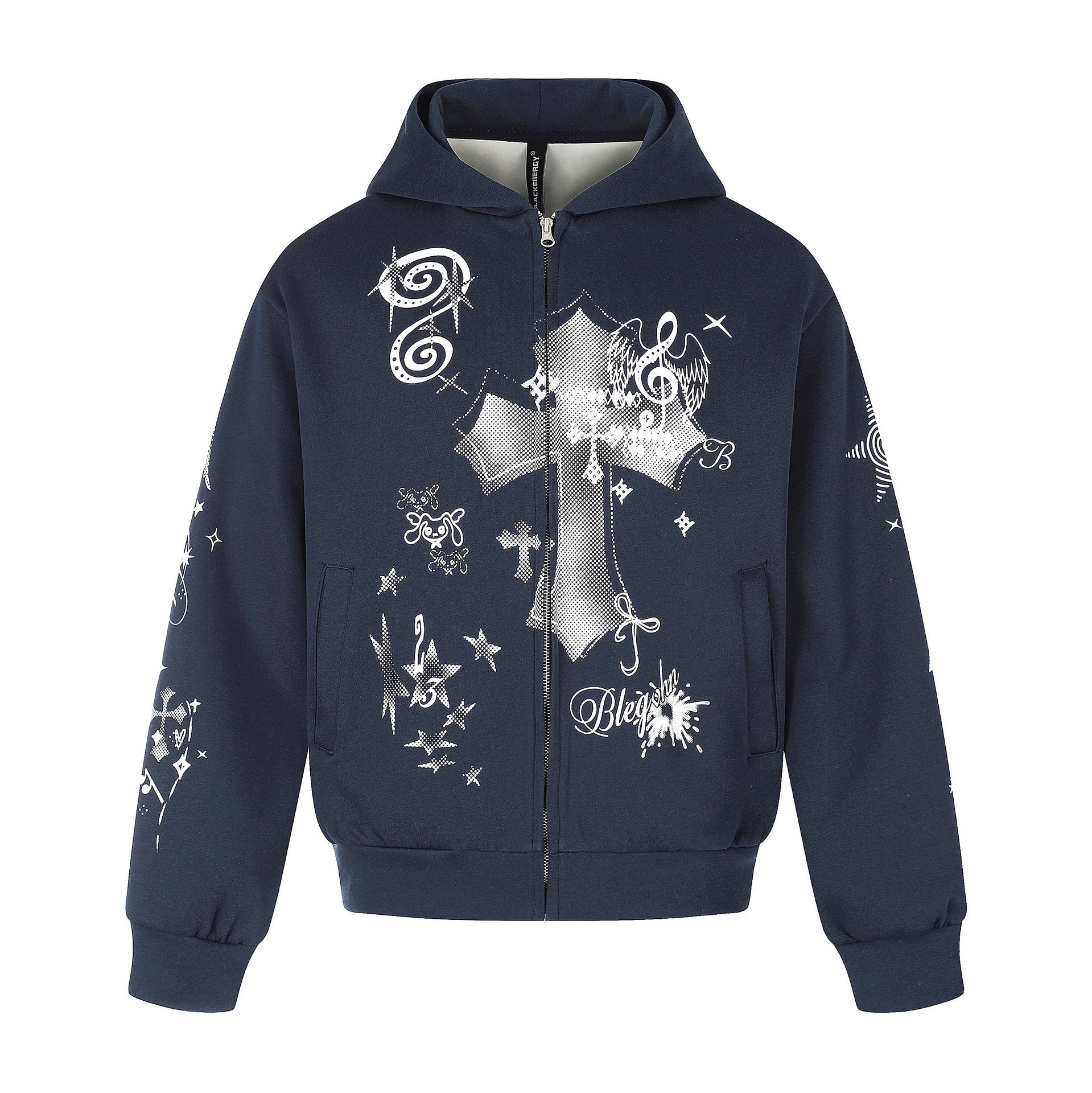 Unisex Printed Hooded Zip Jacket in Casual Boxy Cut with Full Zip Chichicherry