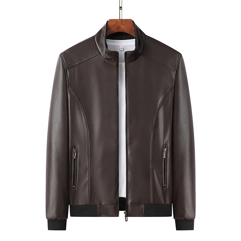 Men's slim faux leather bomber jacket with stand-up collar and zip pockets Chichicherry
