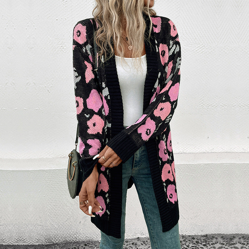 Women's Long Open Knit Cardigan with Leopard Jacquard Pattern and Ribbed Hems Chichicherry