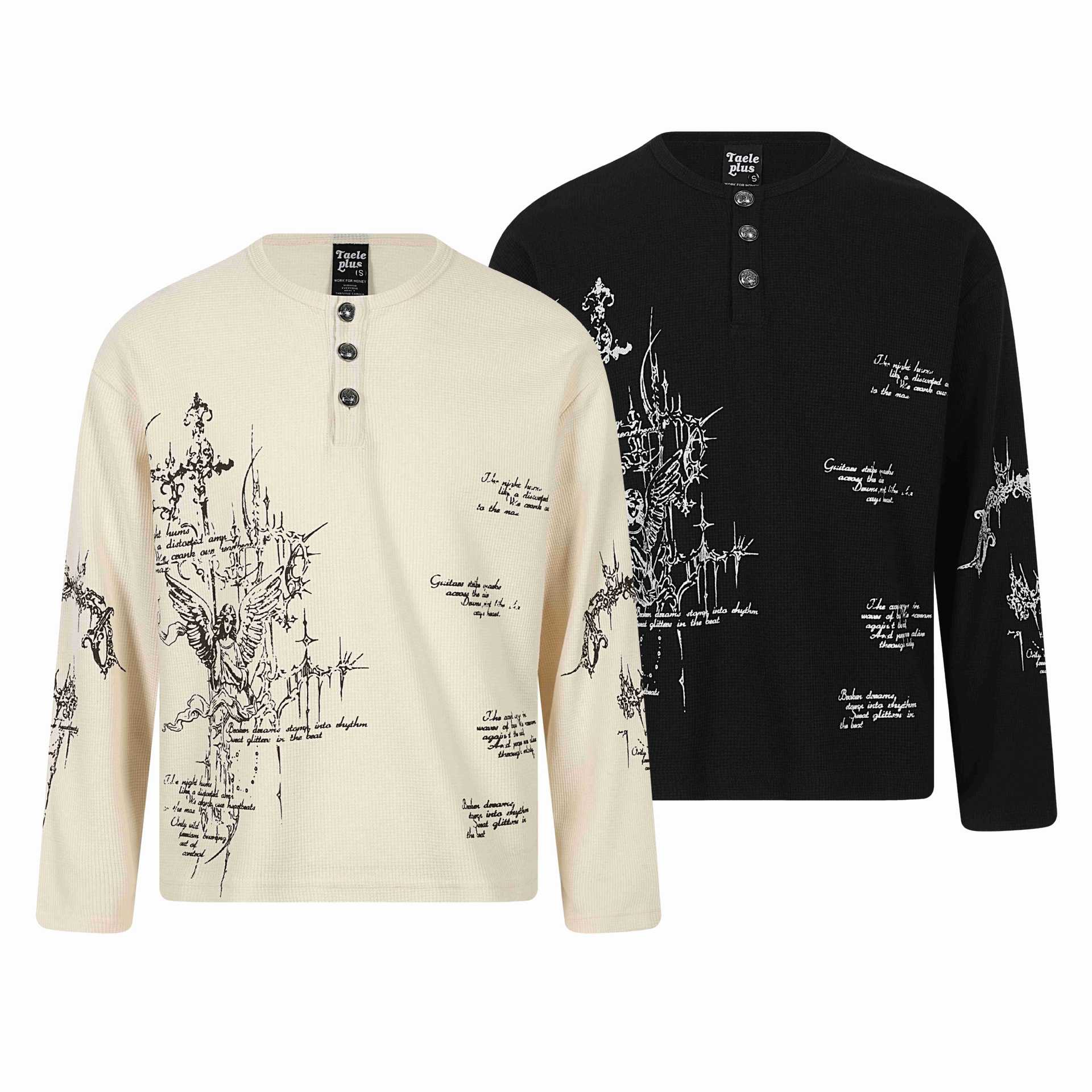 Unisex waffle knit Henley long sleeve shirt with 3-button placket and allover print Chichicherry