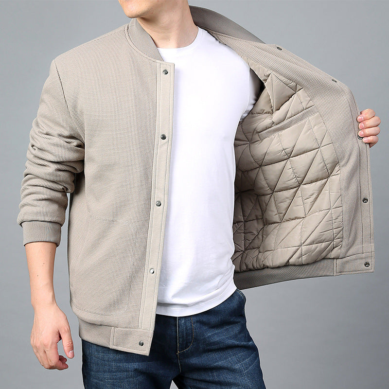 Men's Structured Bomber Jacket with Waffle Knit, Lightly Lined and Snap Placket Chichicherry