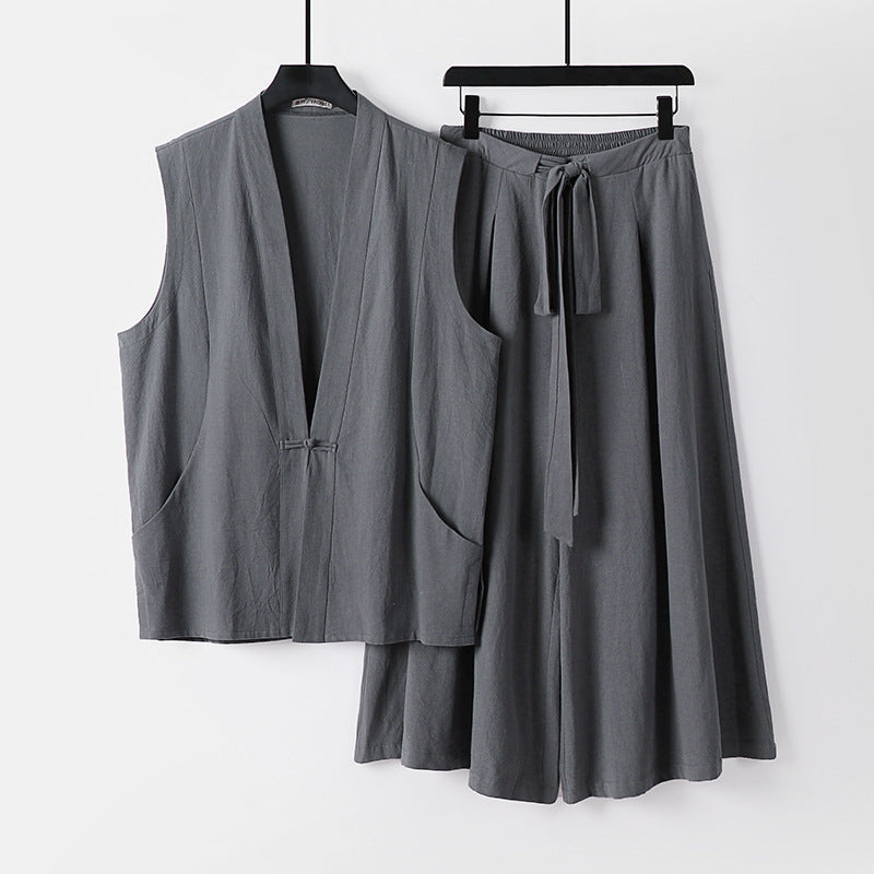Women's Sleeveless Kimono Loungewear Set made of lightweight Viscose-Linen with Tied Vest and Wide Palazzo Pants Chichicherry