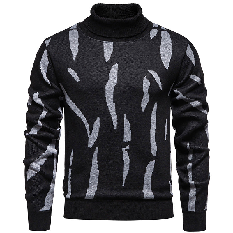 Men's Structured Turtleneck Sweater with Abstract Jacquard Pattern and Ribbed Trims Chichicherry