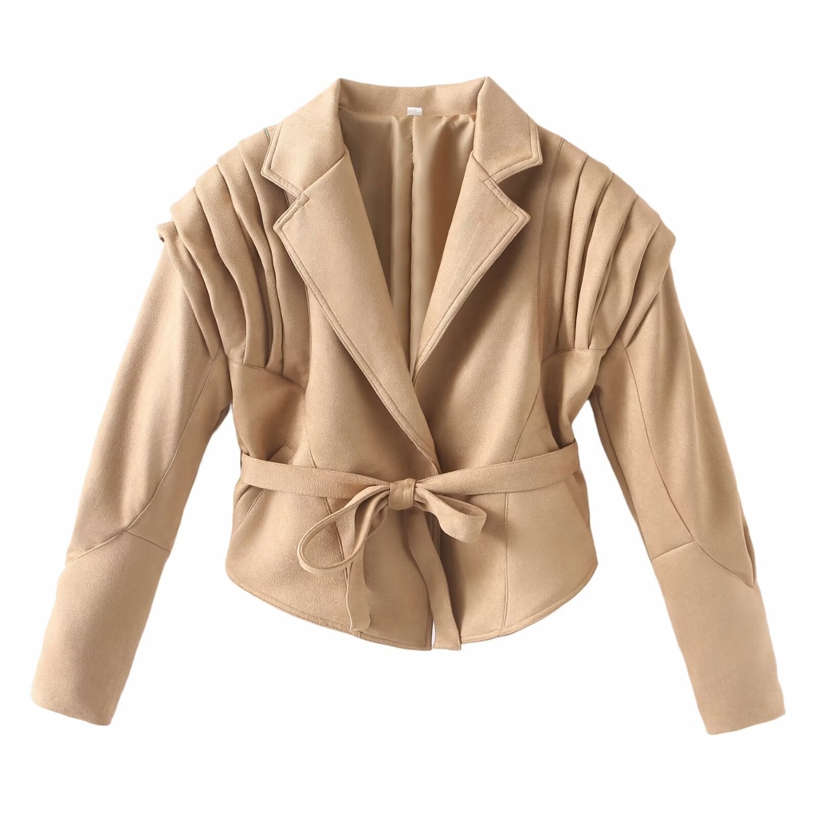 Women's Tailored Wrap Jacket in Suede Look with Shoulder Pleats and Tie Belt Chichicherry