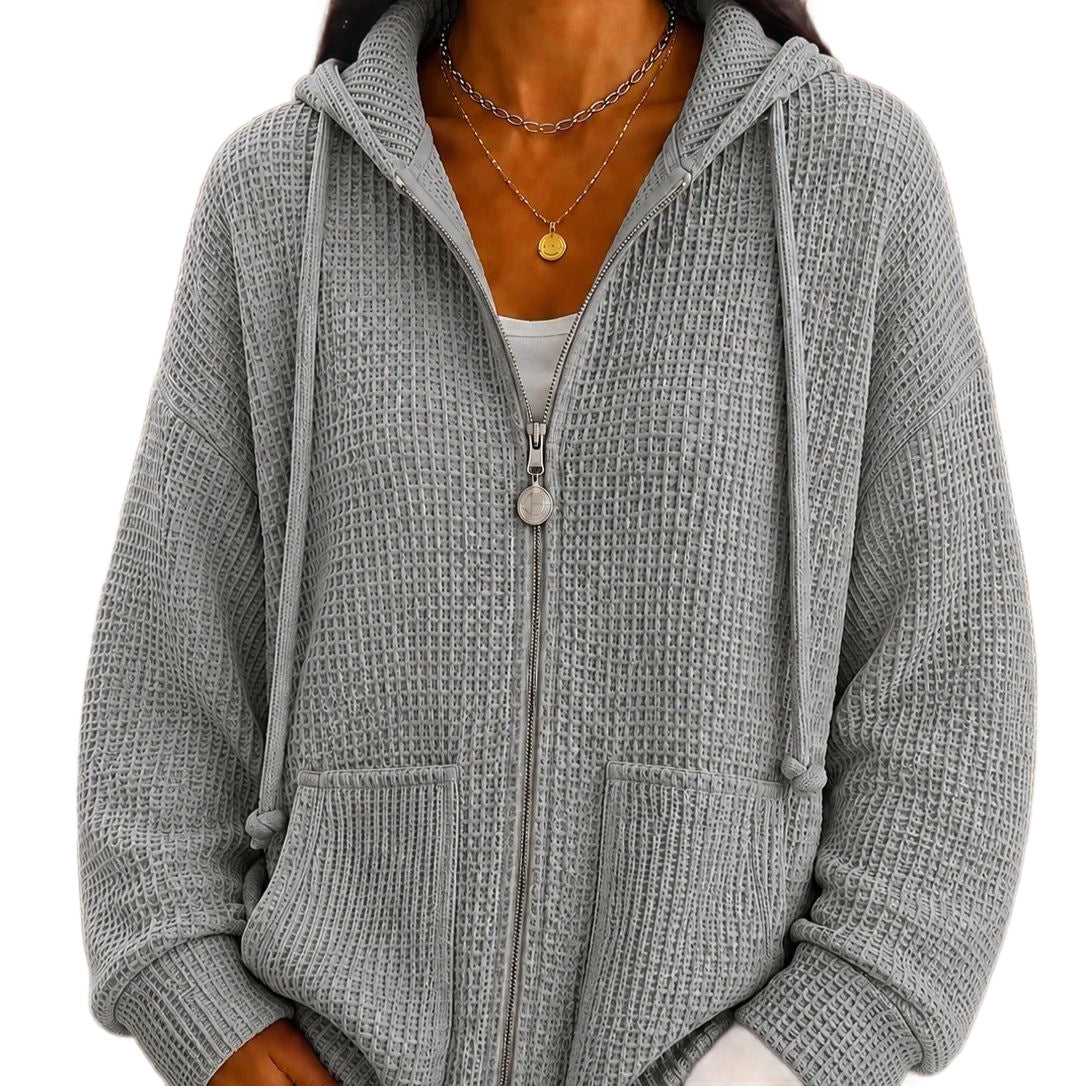 Women's Oversized Waffle Knit Zip Hoodie with Patch Pockets Chichicherry